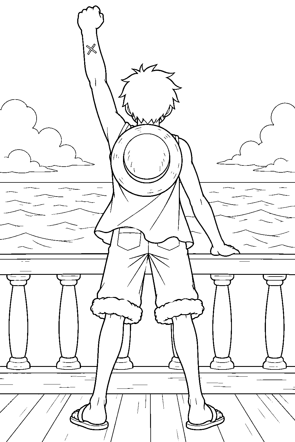 one piece luffy raising his x marked arm at the ship railing line art