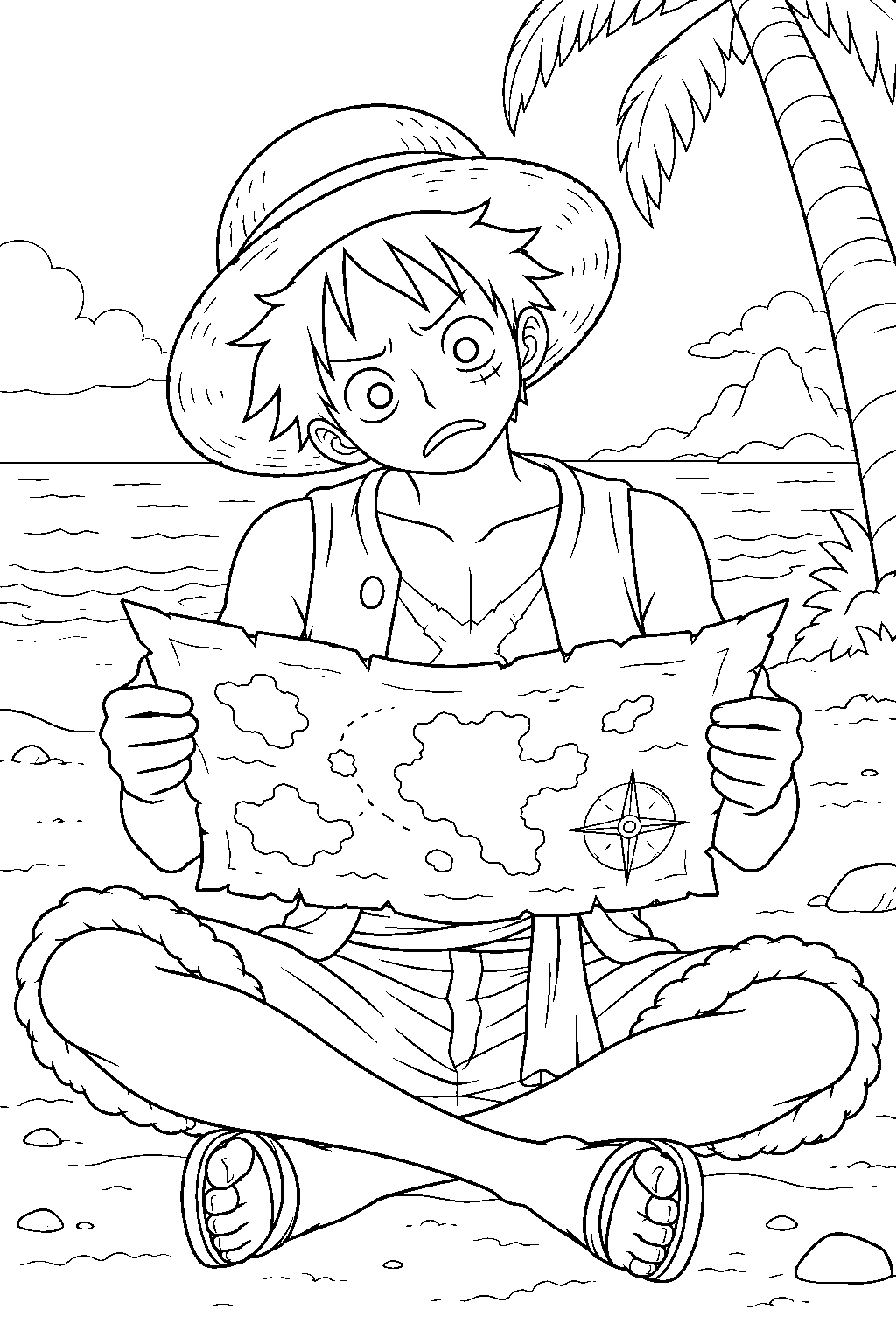 one piece luffy reading an upside down treasure map on the beach line art