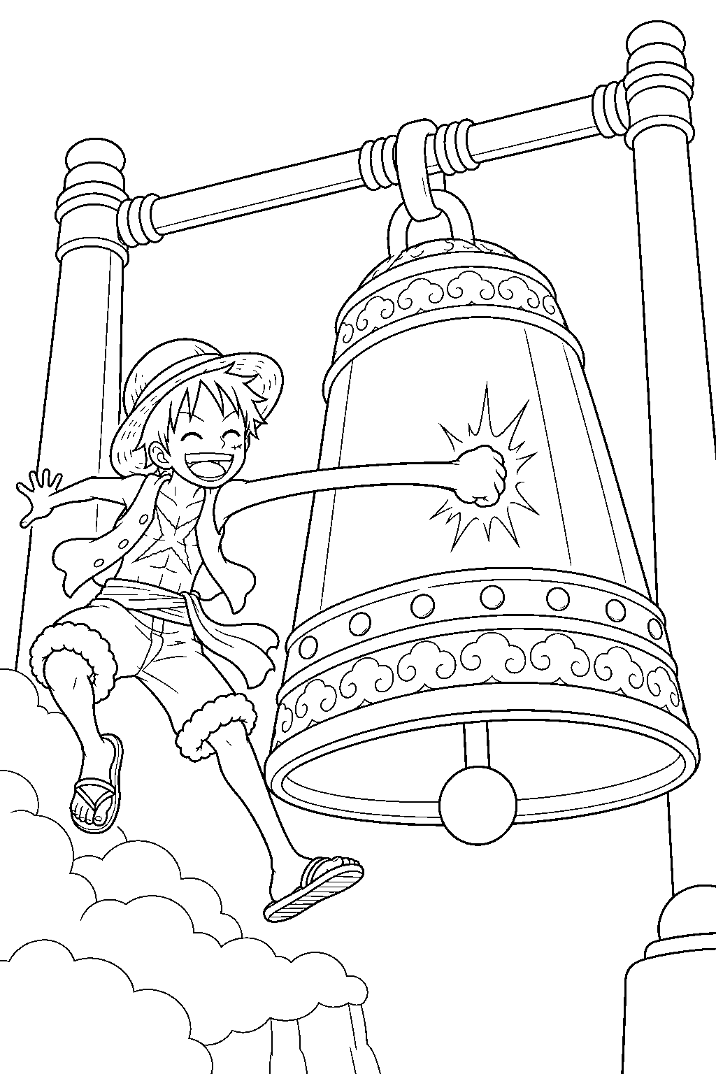 one piece luffy ringing the golden bell in skypiea line art
