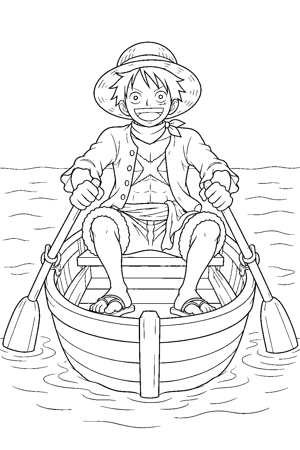 one piece luffy rowing a small boat across the calm sea line art