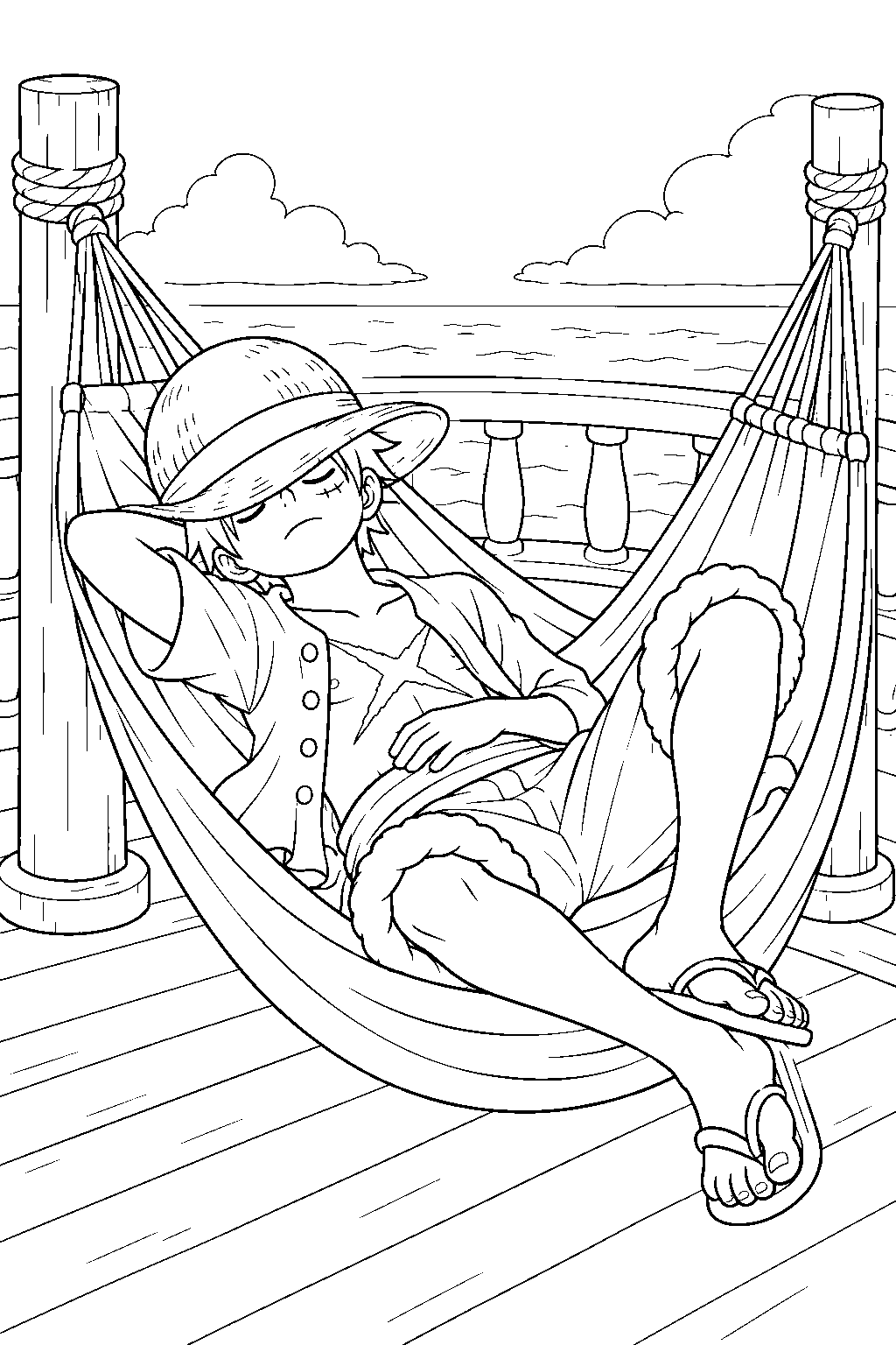 one piece luffy sleeping in a hammock on the ship deck line art