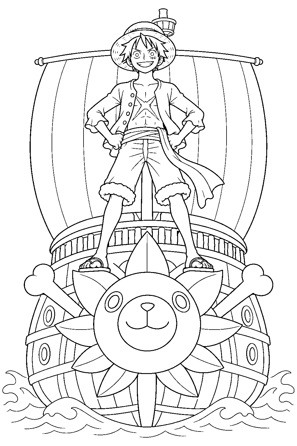 one piece luffy standing on the thousand sunny bow line art