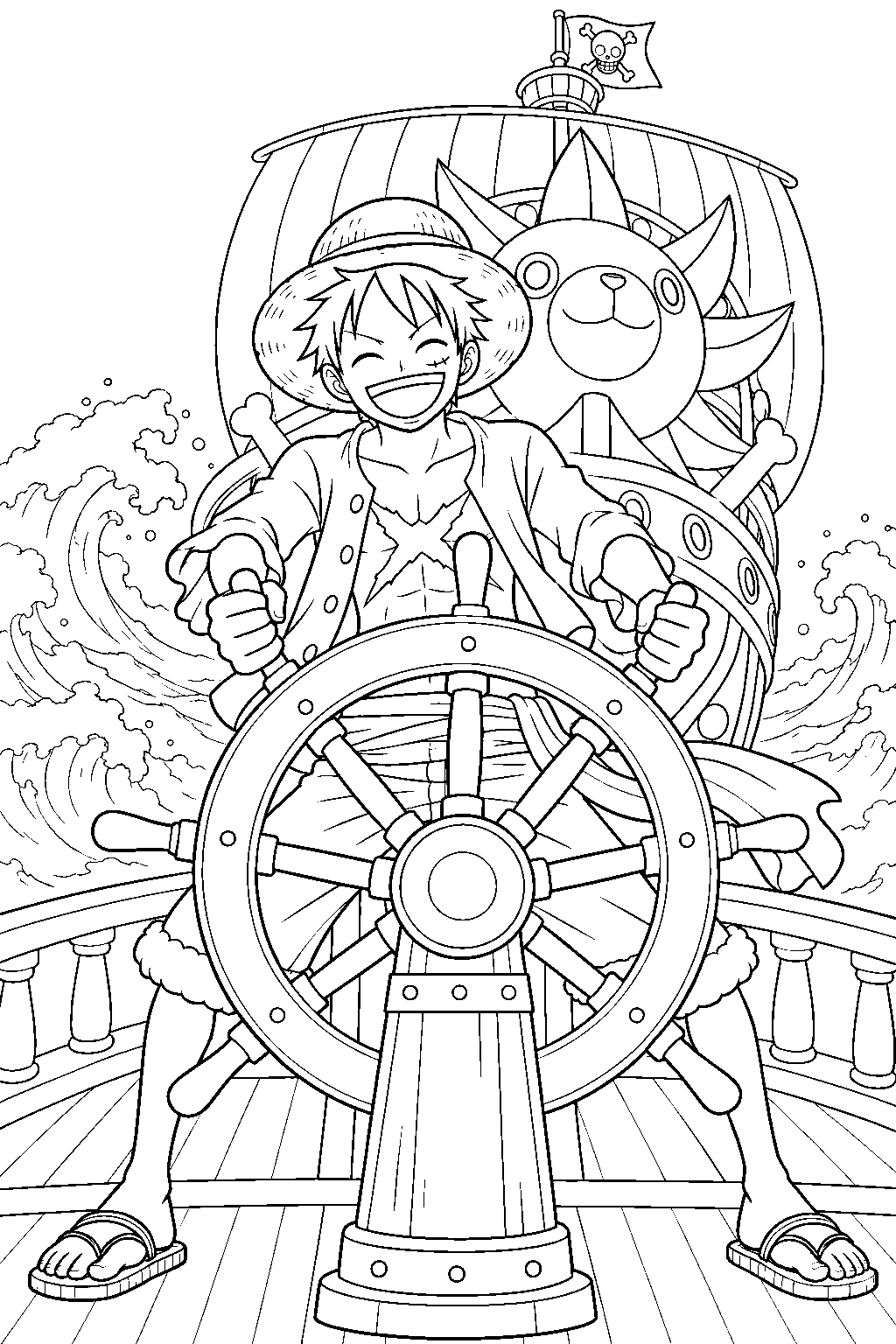 one piece luffy steering the thousand sunny through rough waves line art
