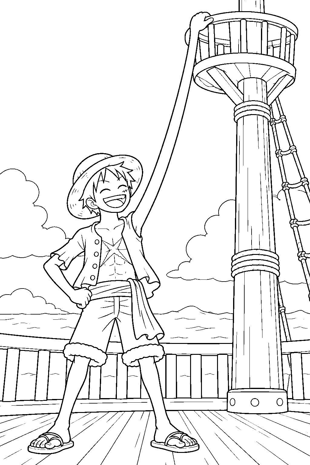one piece luffy stretching his arm to the ship crow s nest line art