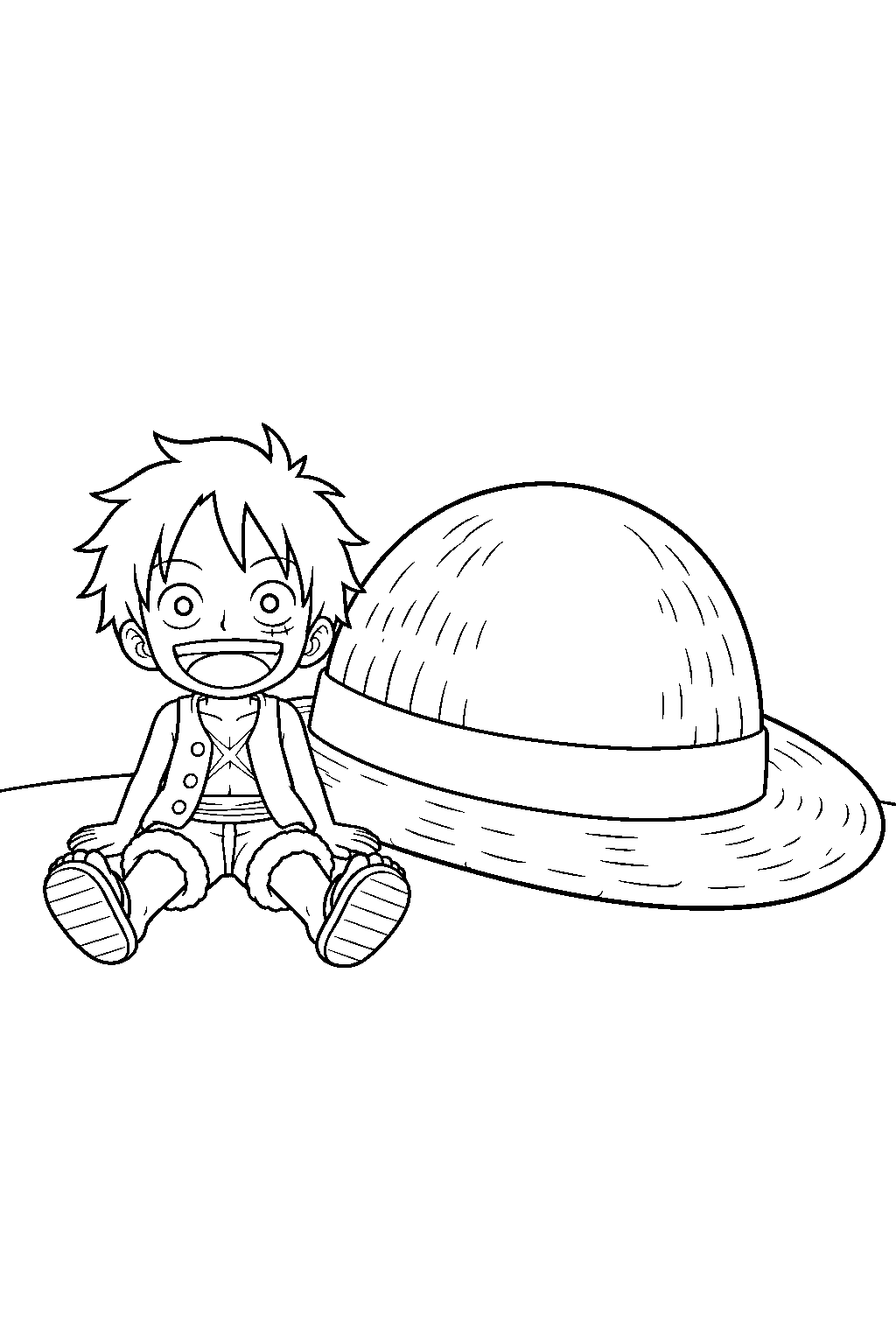 one piece luffy tiny form after gear 3 beside his straw hat line art