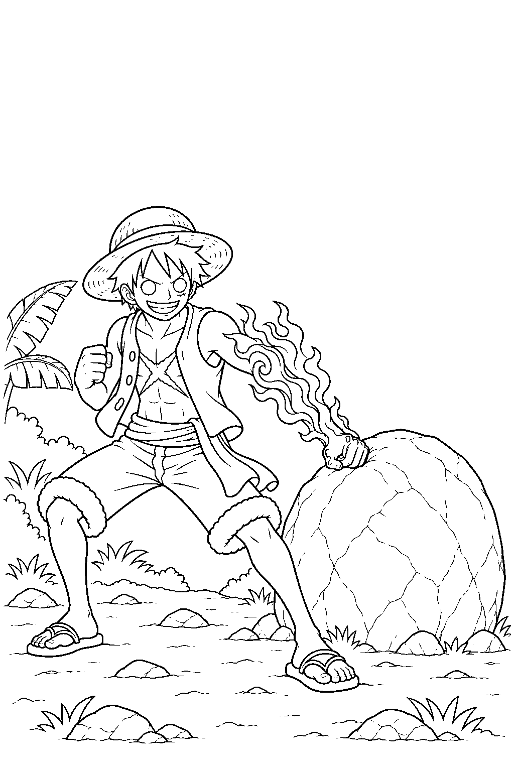 one piece luffy training armament haki beside a jungle boulder line art
