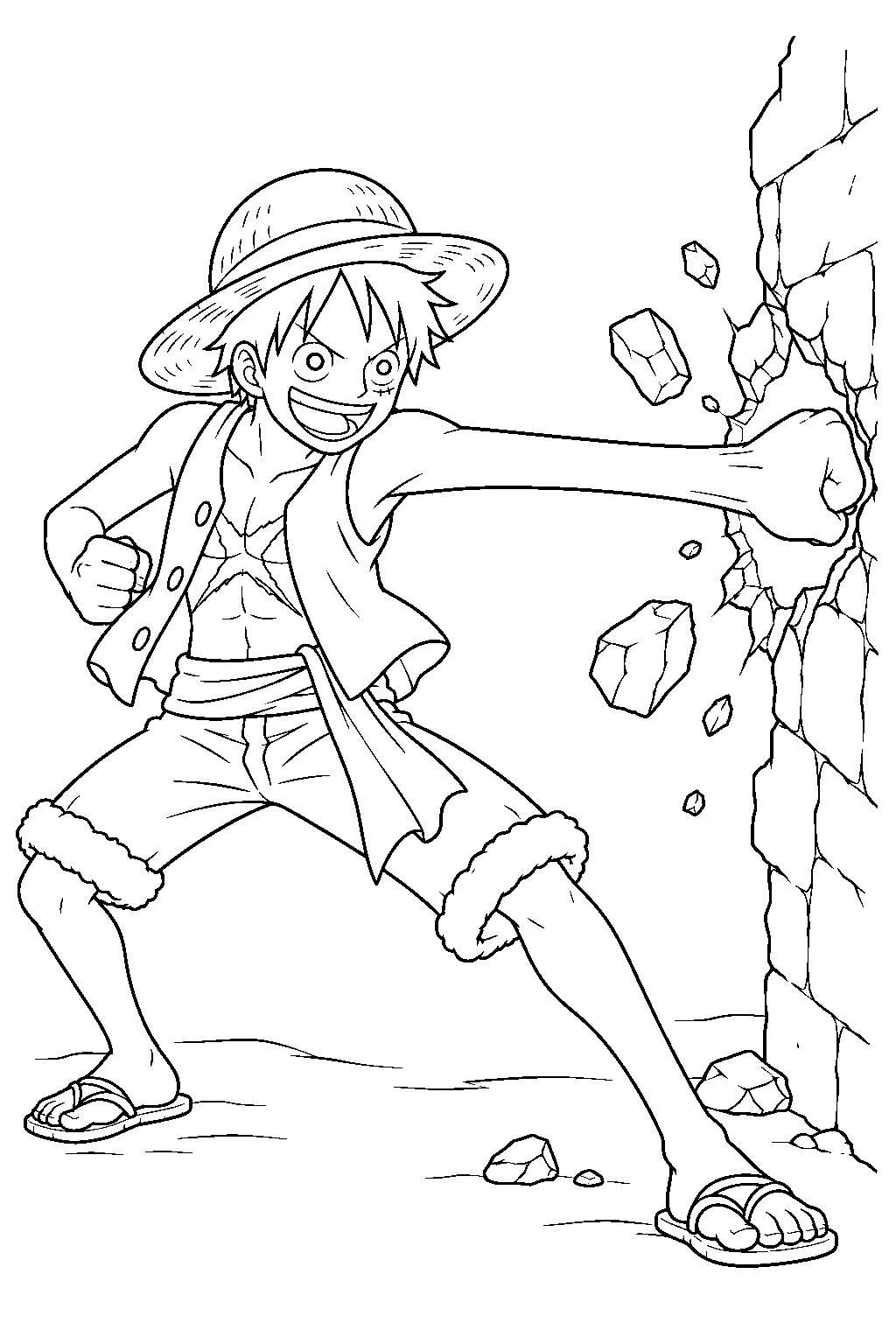 one piece luffy using gum gum pistol through a ruined wall line art