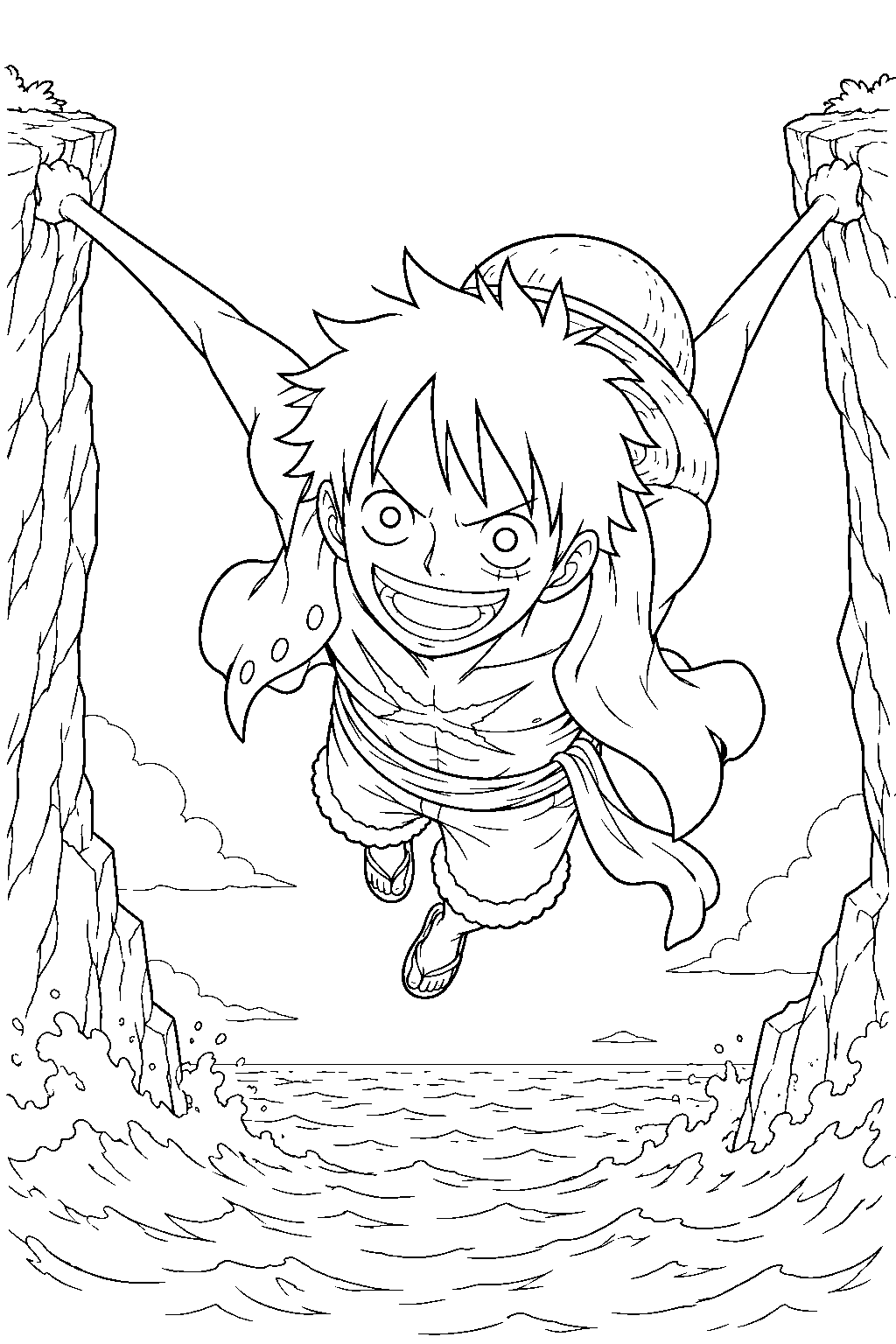 one piece luffy using gum gum rocket between sea cliffs line art