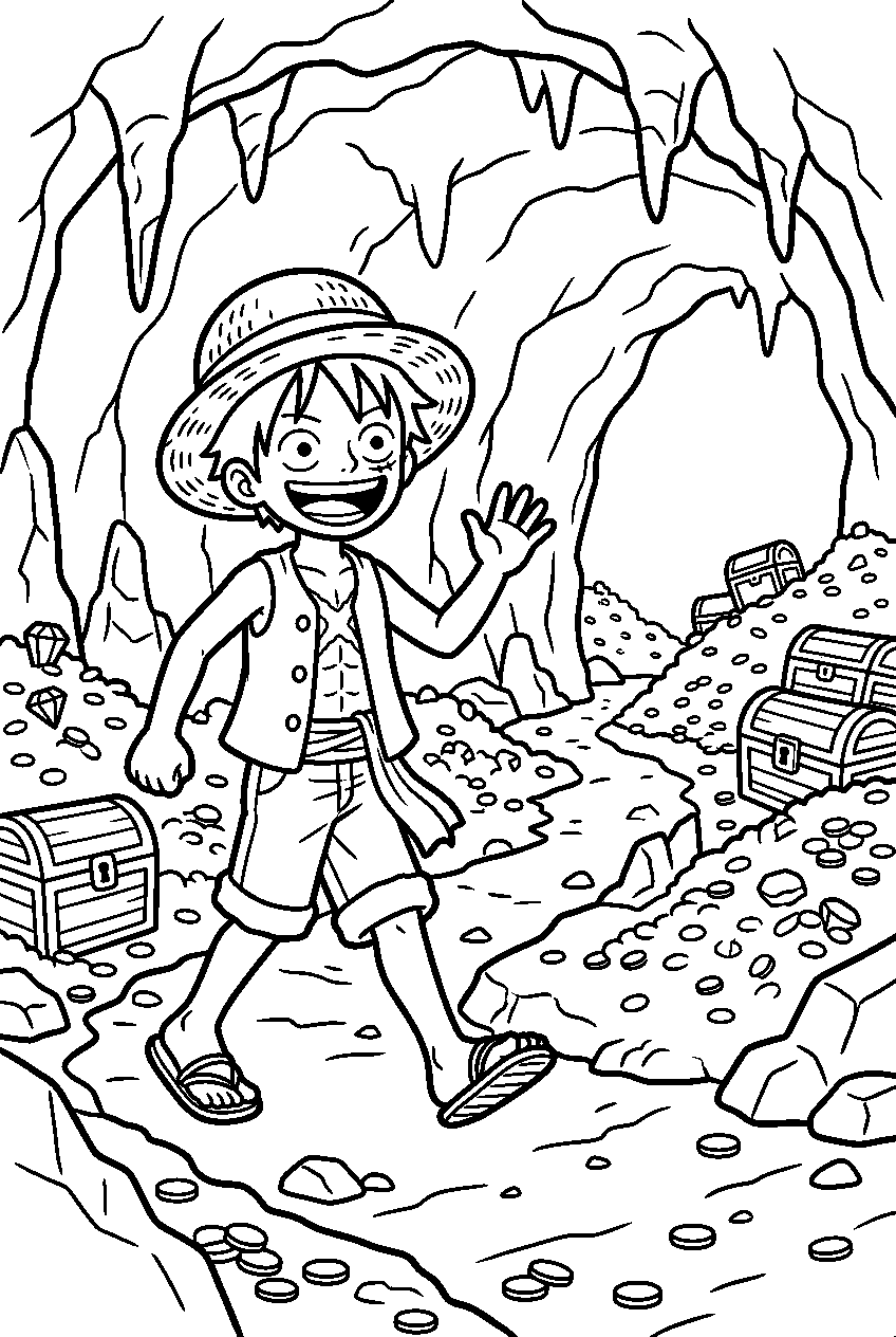 one piece luffy walking in treasure cave line art