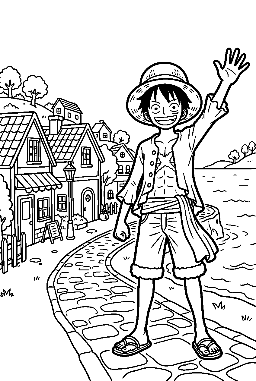 one piece luffy waving in seaside village line art