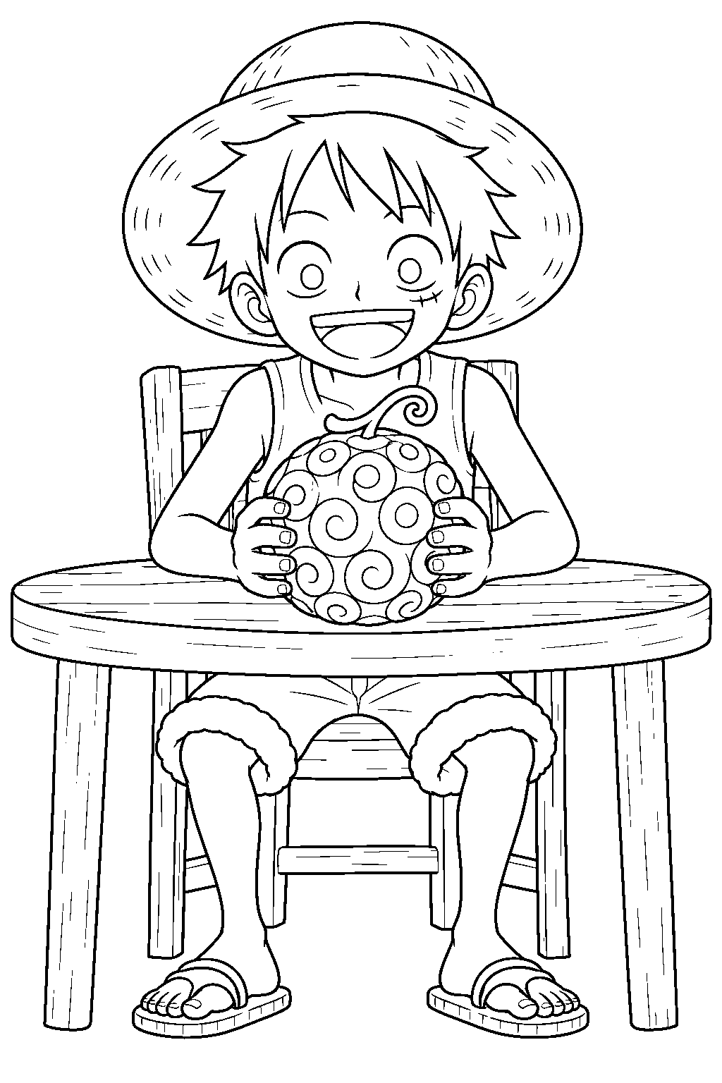one piece young luffy holding the gum gum devil fruit at a table line art