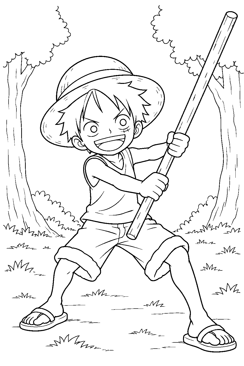 one piece young luffy training with a wooden staff in the forest line art