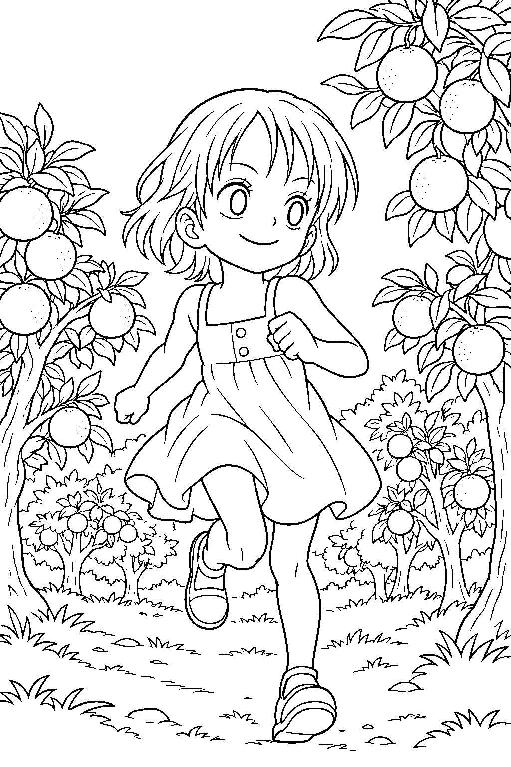 one piece nami as a child running through a tangerine grove line art