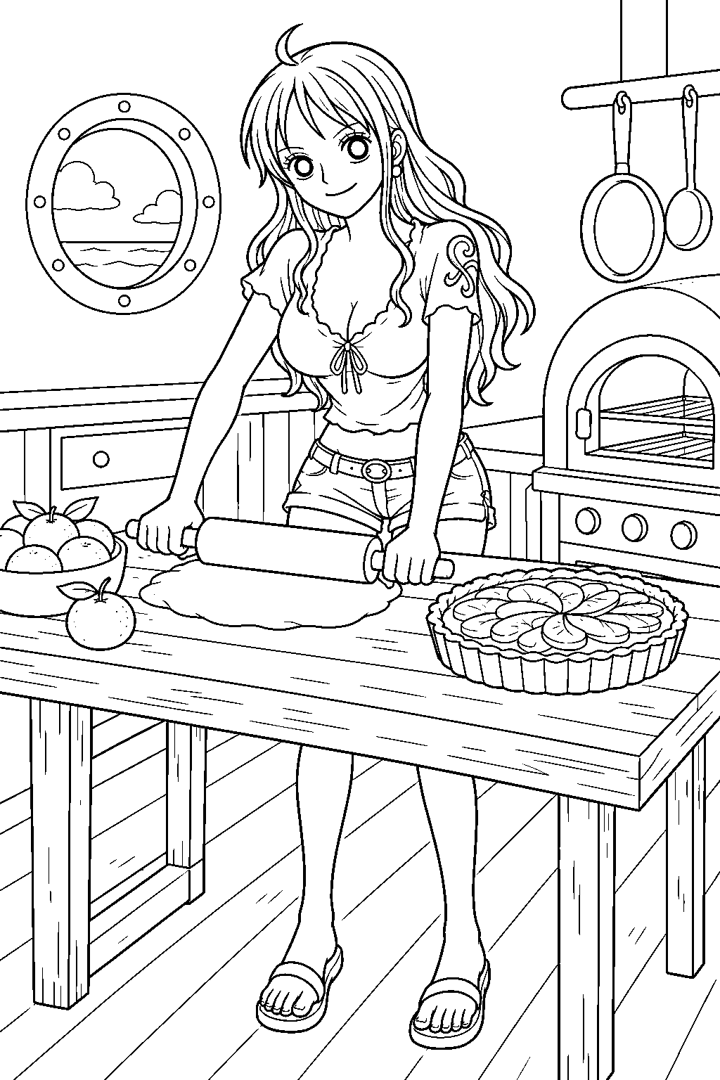one piece nami baking a tangerine tart in the ship kitchen line art