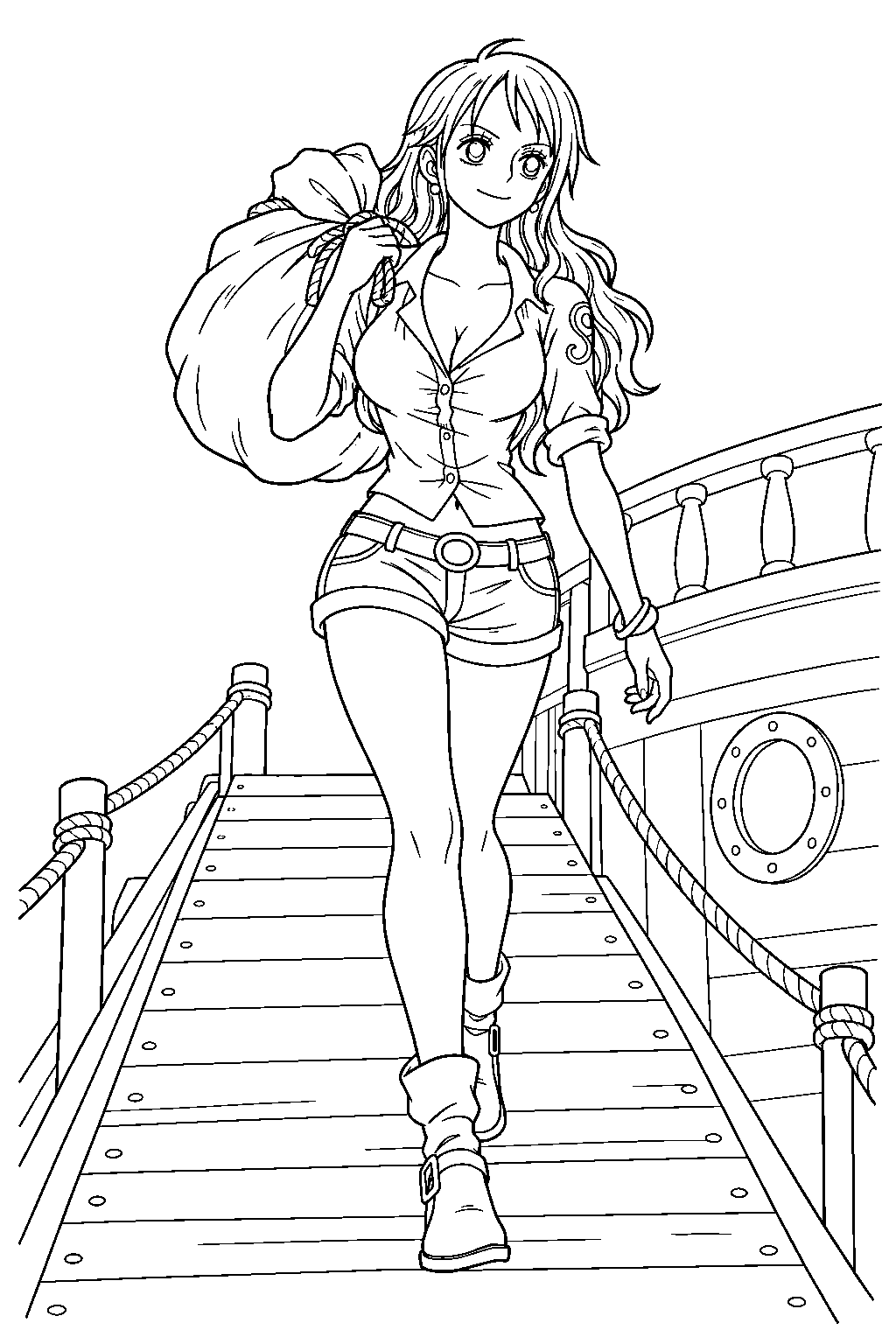 one piece nami carrying a treasure sack along a gangplank line art