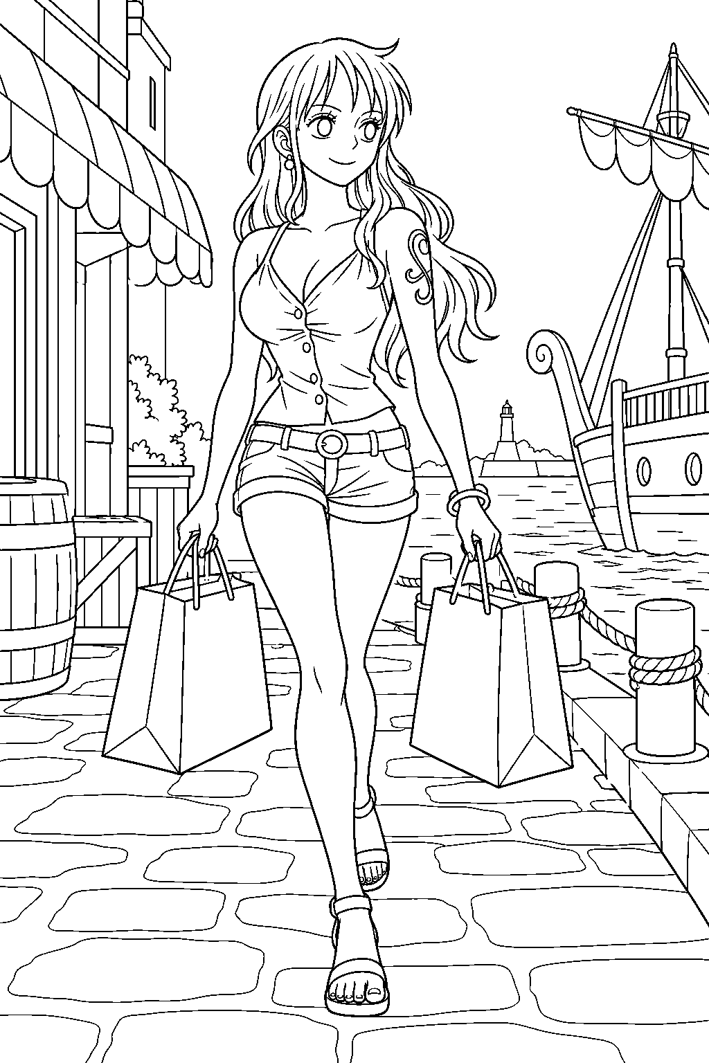 one piece nami carrying shopping bags along a harbor street line art