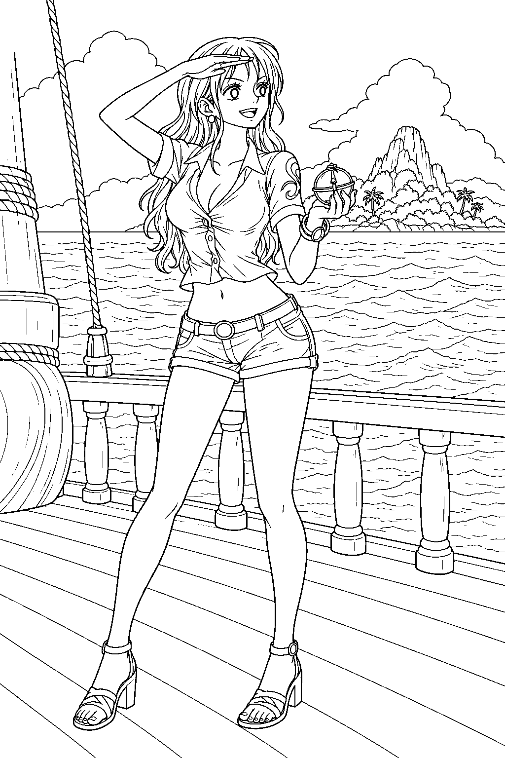 one piece nami checking her log pose near a tropical island line art