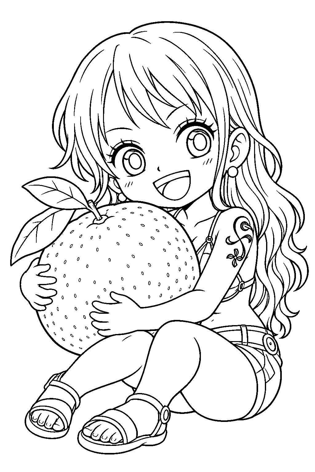 one piece nami chibi hugging a large tangerine line art