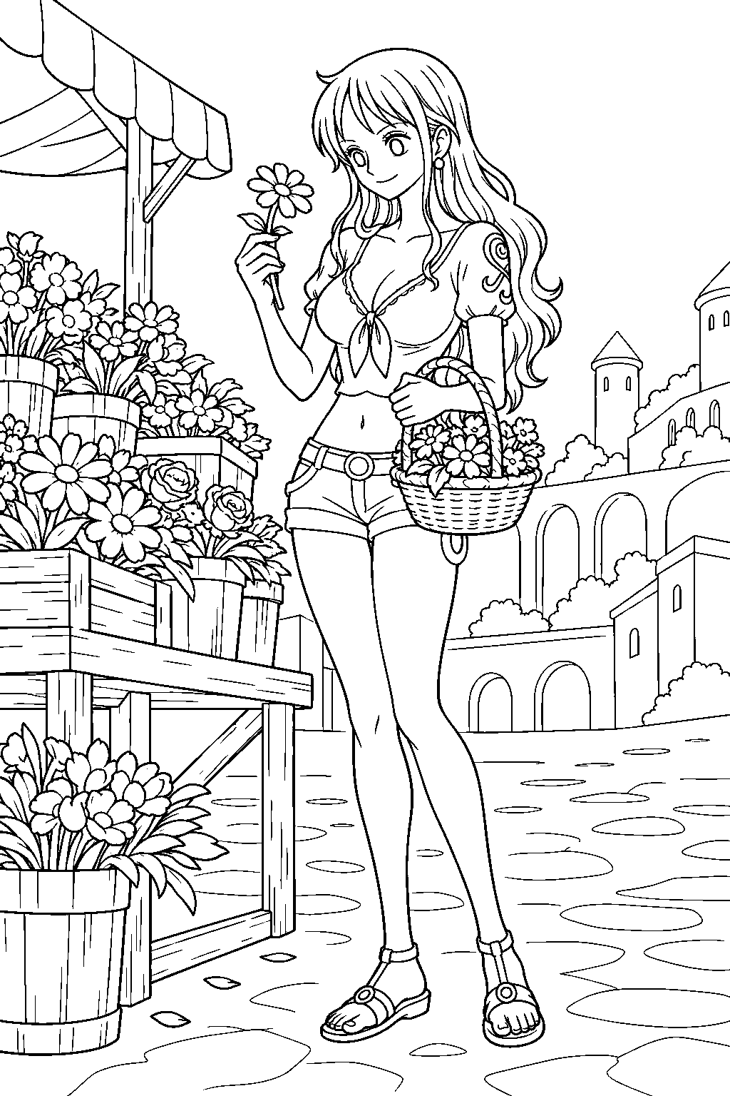 one piece nami choosing a flower at a dressrosa market stall line art