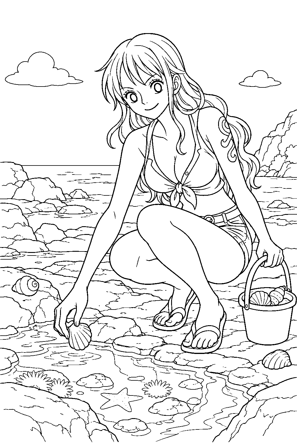one piece nami collecting seashells beside a tide pool line art