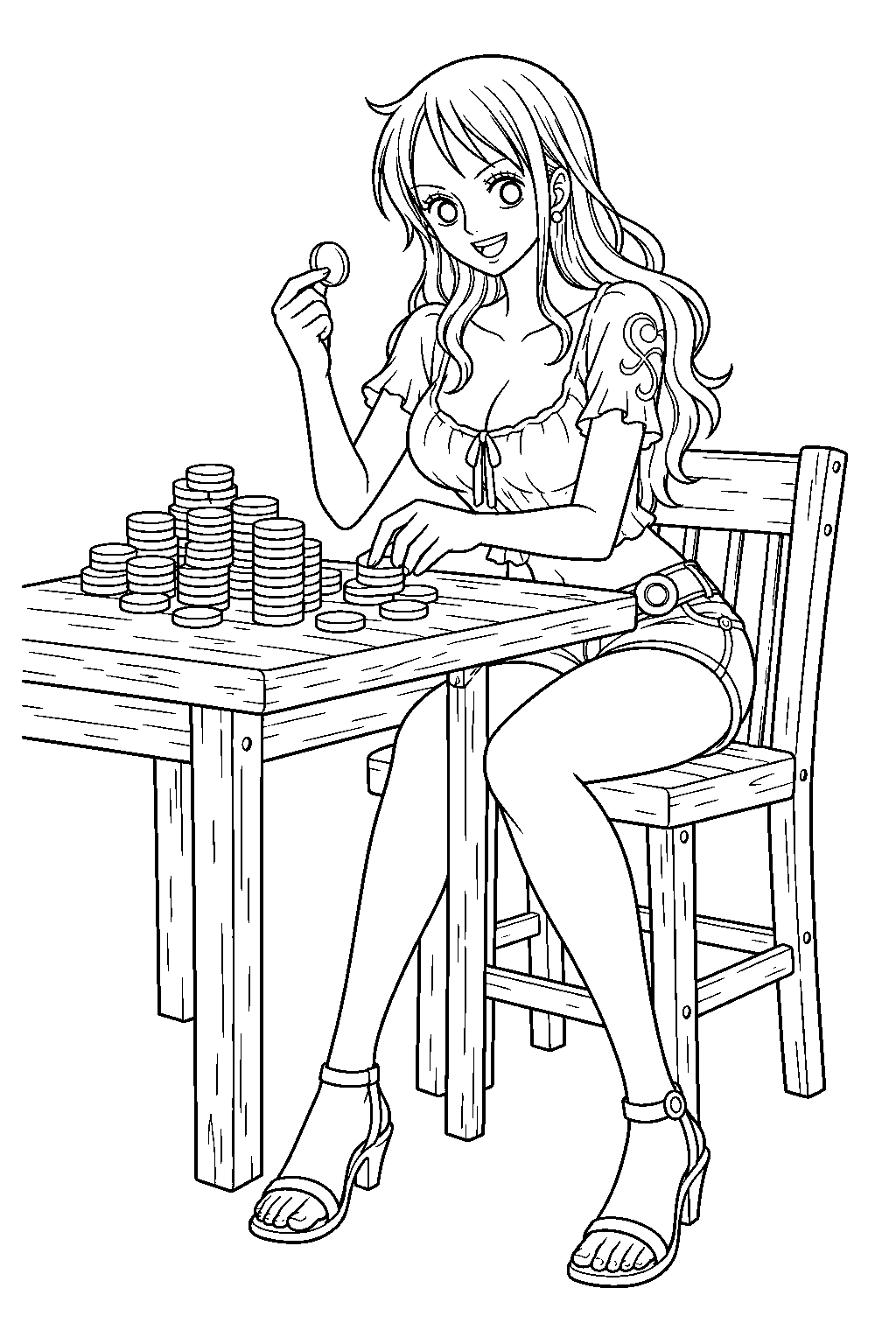 one piece nami counting gold coins at a wooden table line art