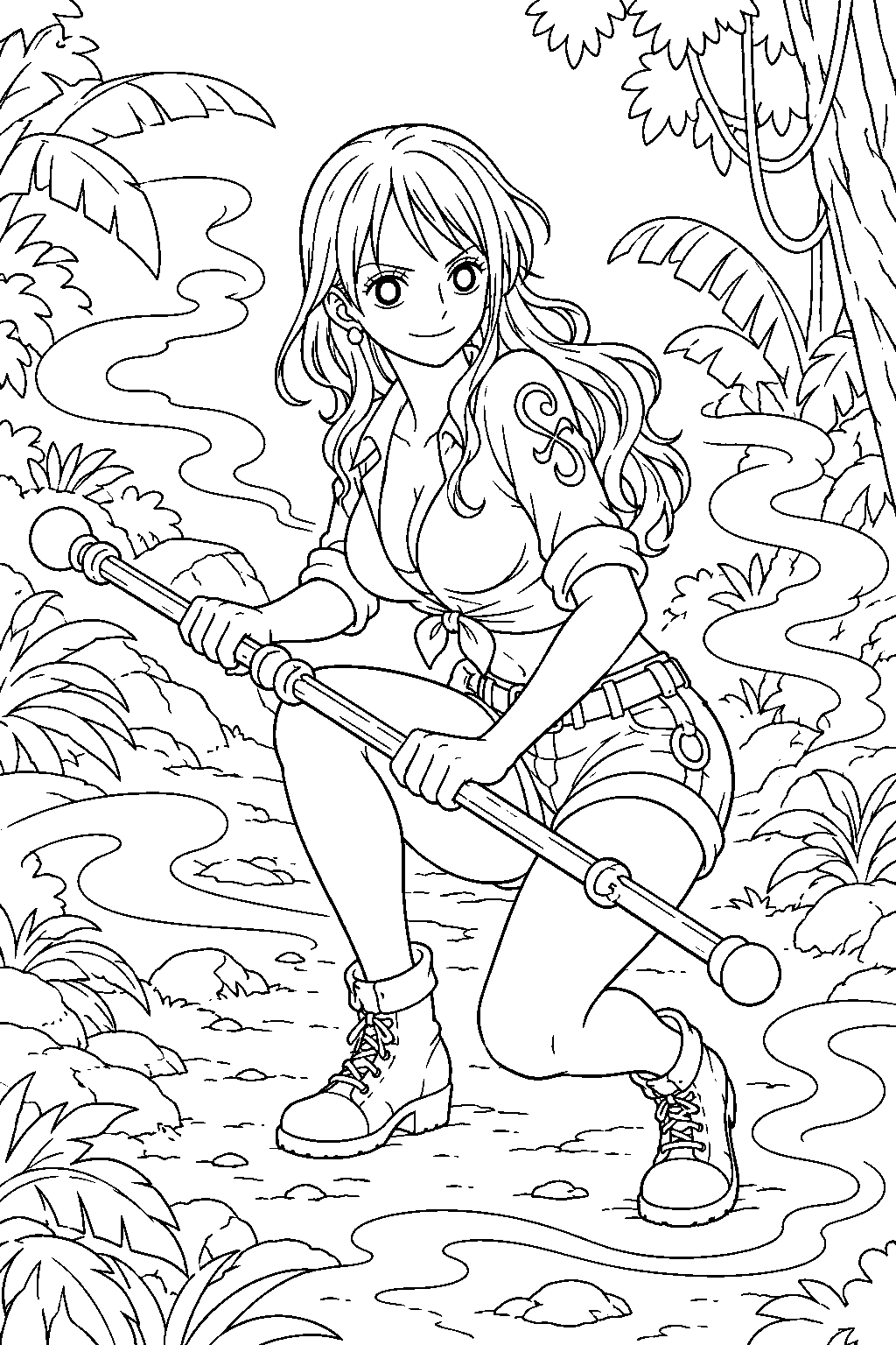one piece nami creating mist around a jungle path line art