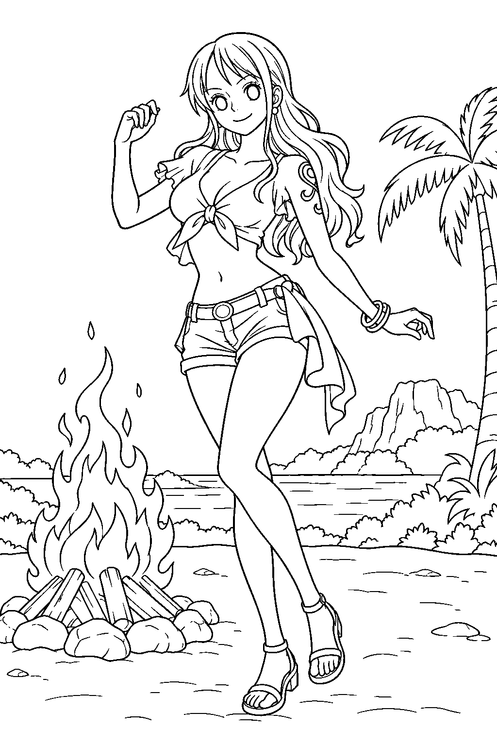 one piece nami dancing beside a bonfire at an island festival line art