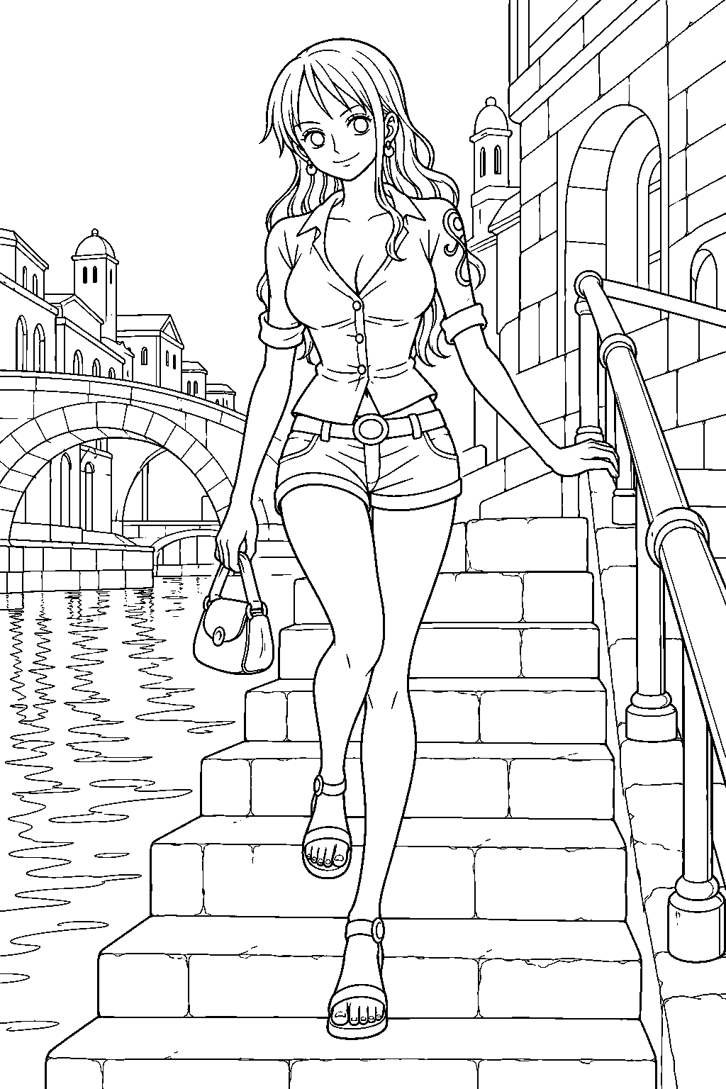 one piece nami descending stone steps beside a water 7 canal line art