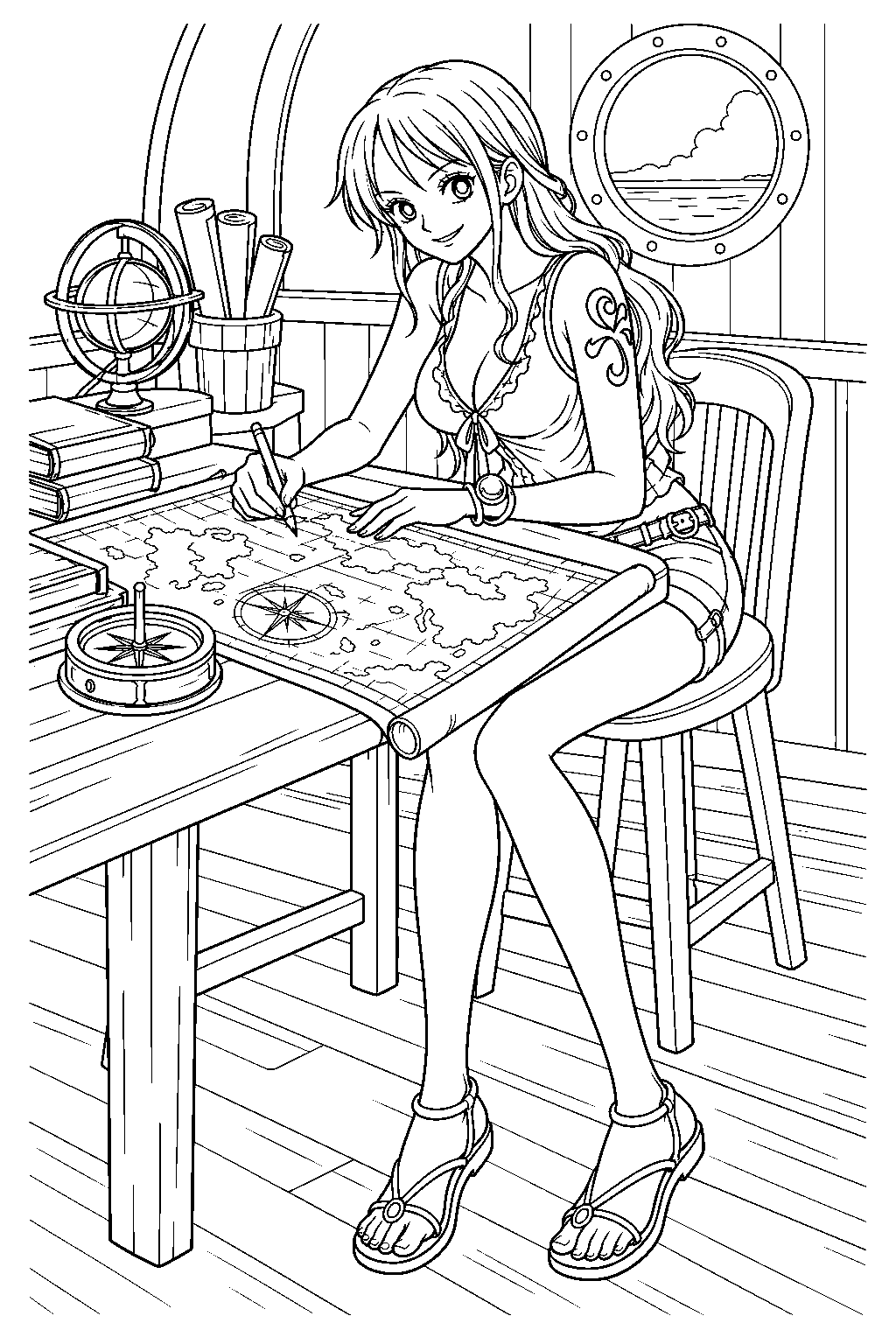 one piece nami drawing a world map at her navigator desk line art