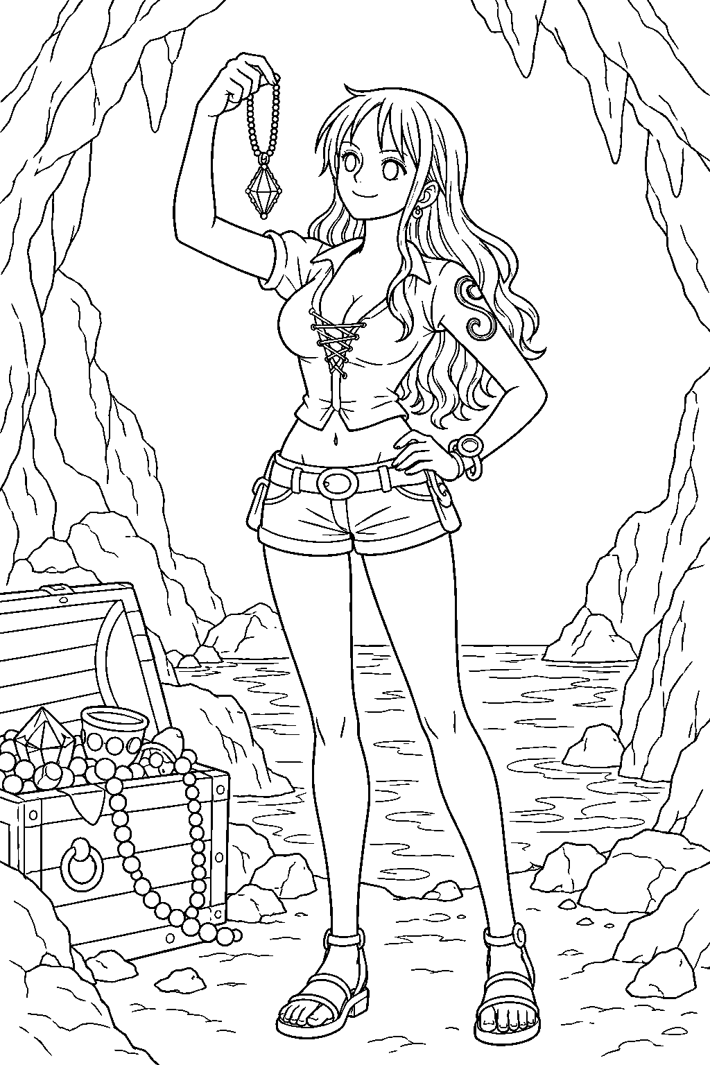 one piece nami examining a jeweled necklace in a sea cave line art