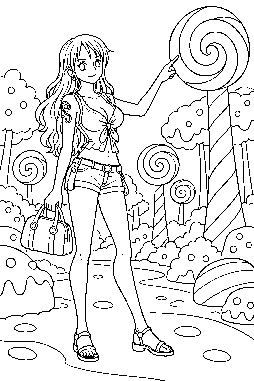 one piece nami exploring a candy forest on whole cake island line art