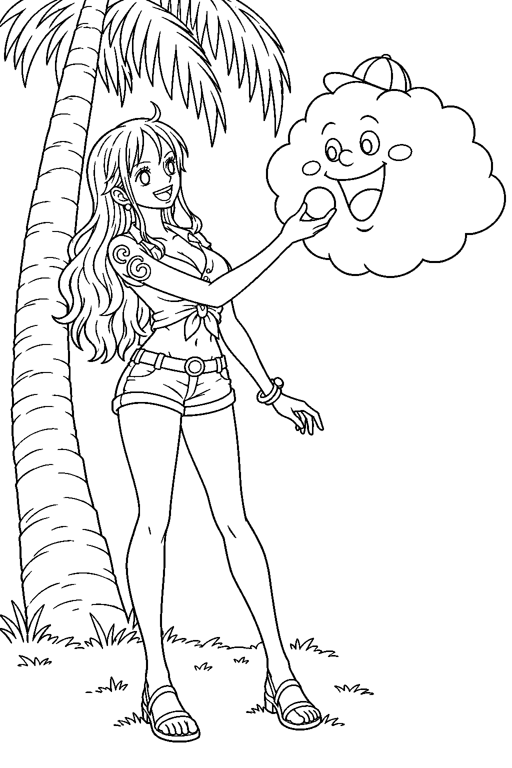 one piece nami feeding zeus a weather ball beside a palm tree line art