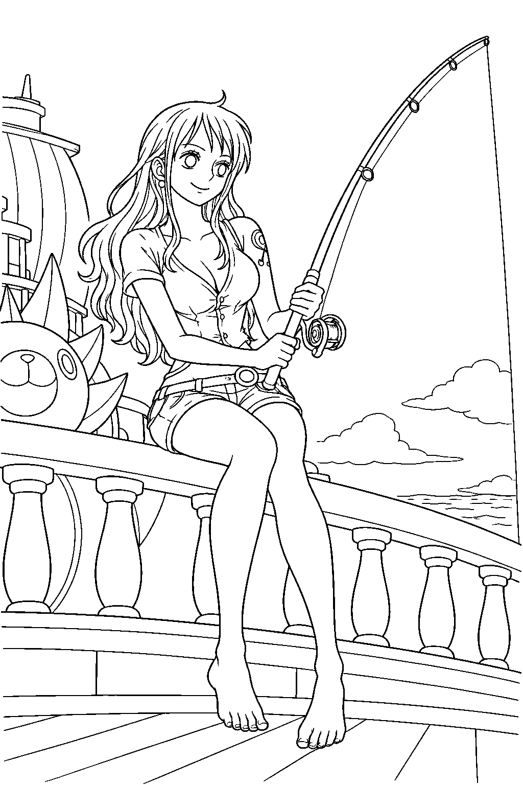 one piece nami fishing from the thousand sunny railing line art