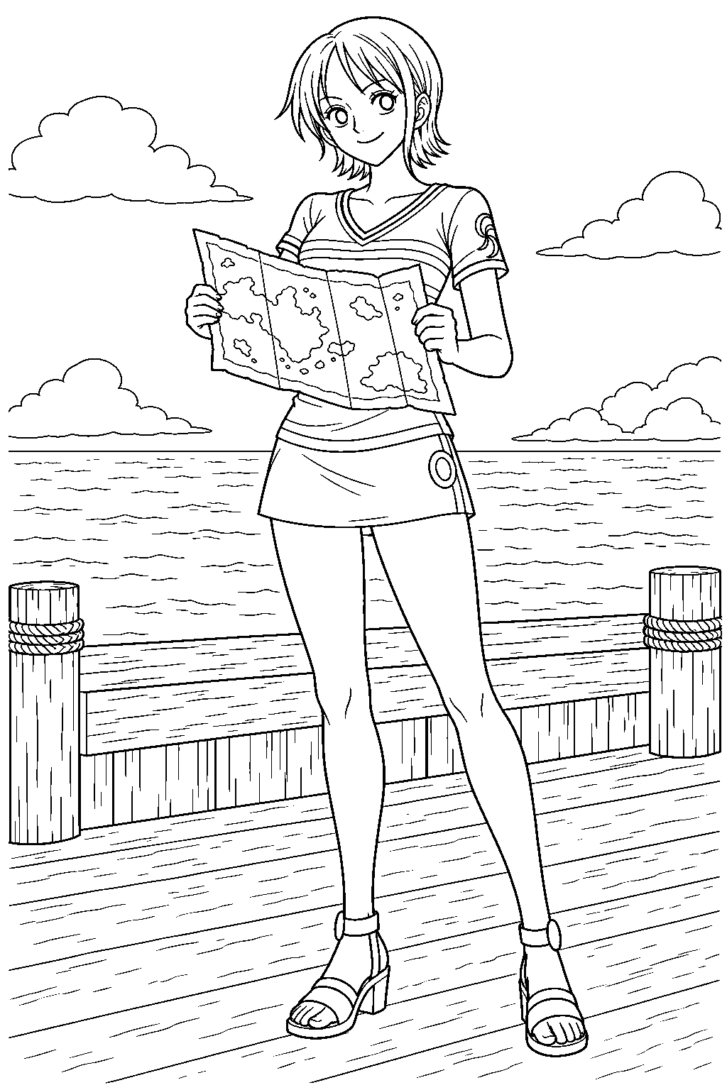 one piece nami holding a sea map in her east blue outfit line art
