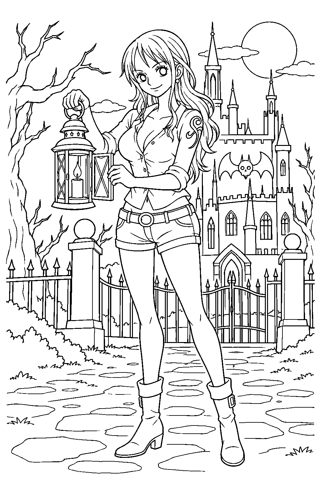 one piece nami lighting a lantern outside a thriller bark mansion line art