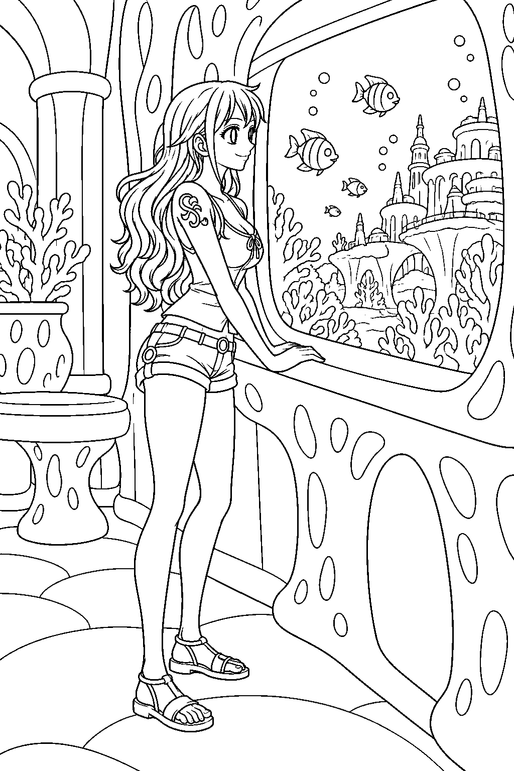 one piece nami looking through a fish man island coral window line art