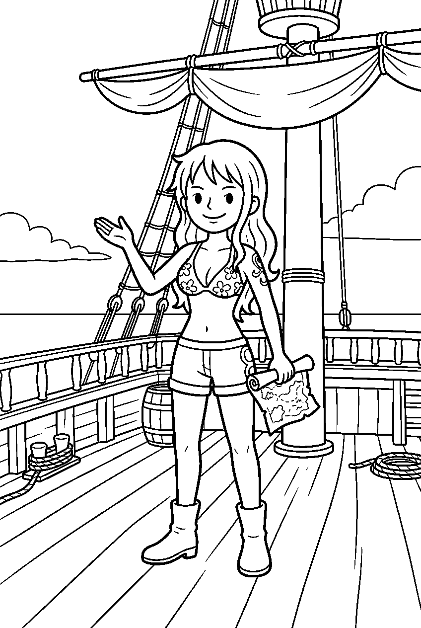 one piece nami on ship deck line art
