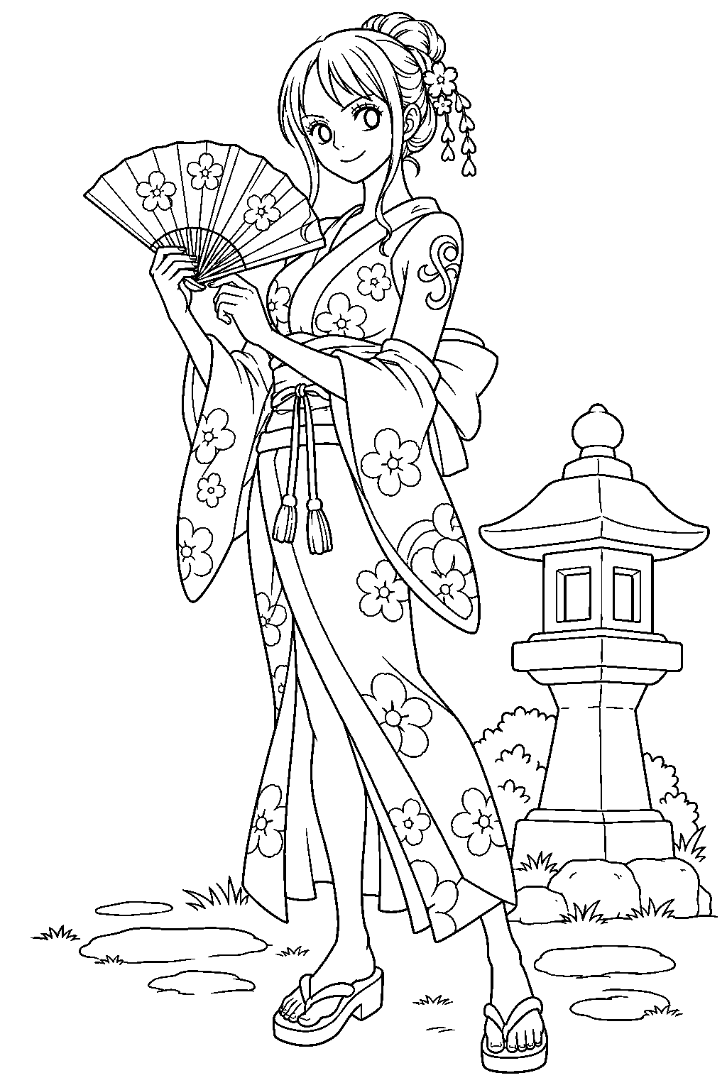 one piece nami opening a folding fan in her wano kimono line art