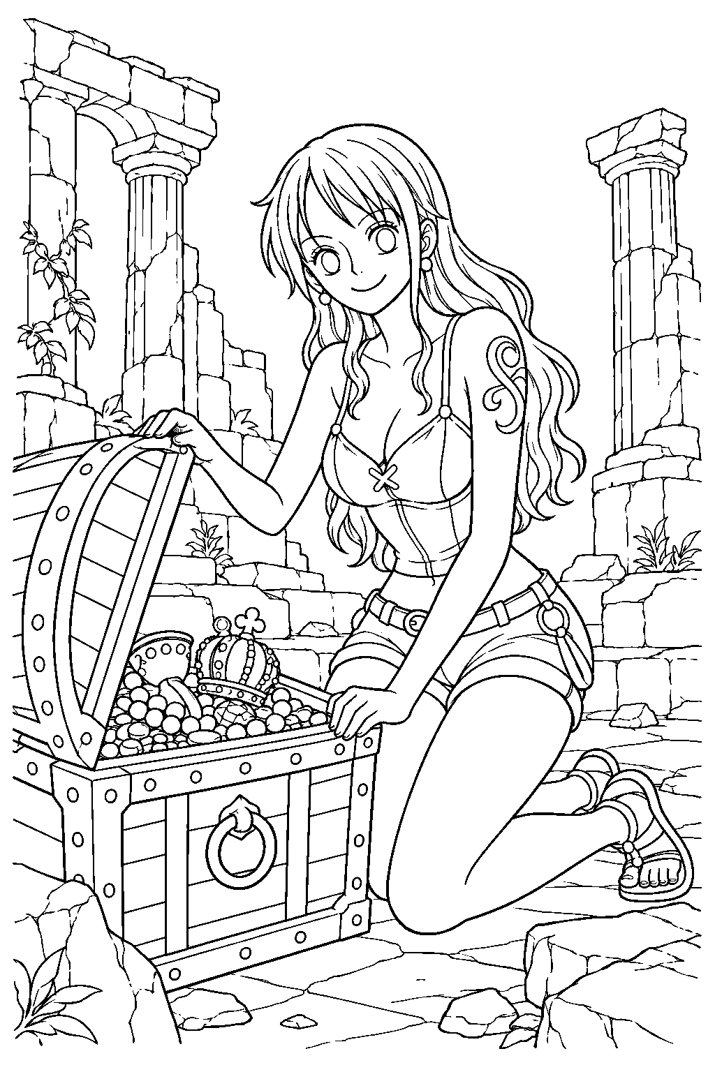 one piece nami opening a treasure chest in a ruined temple line art