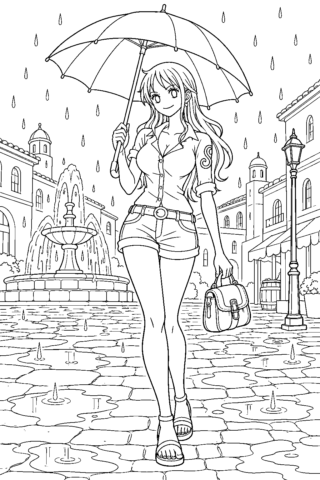 one piece nami opening an umbrella in a rainy town square line art