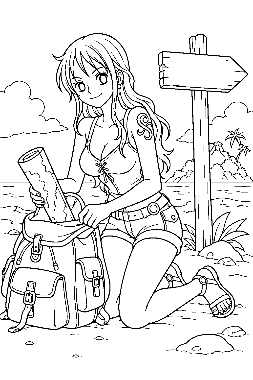 one piece nami packing a backpack beside an island signpost line art