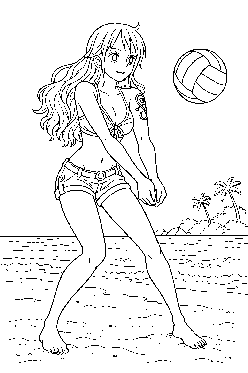 one piece nami playing volleyball on a tropical beach line art