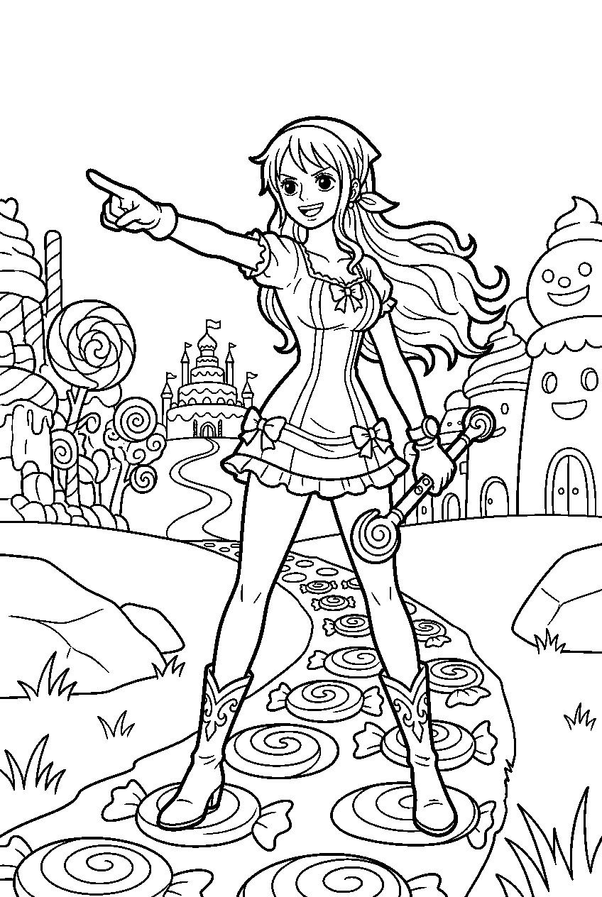 one piece nami pointing in whole cake island line art
