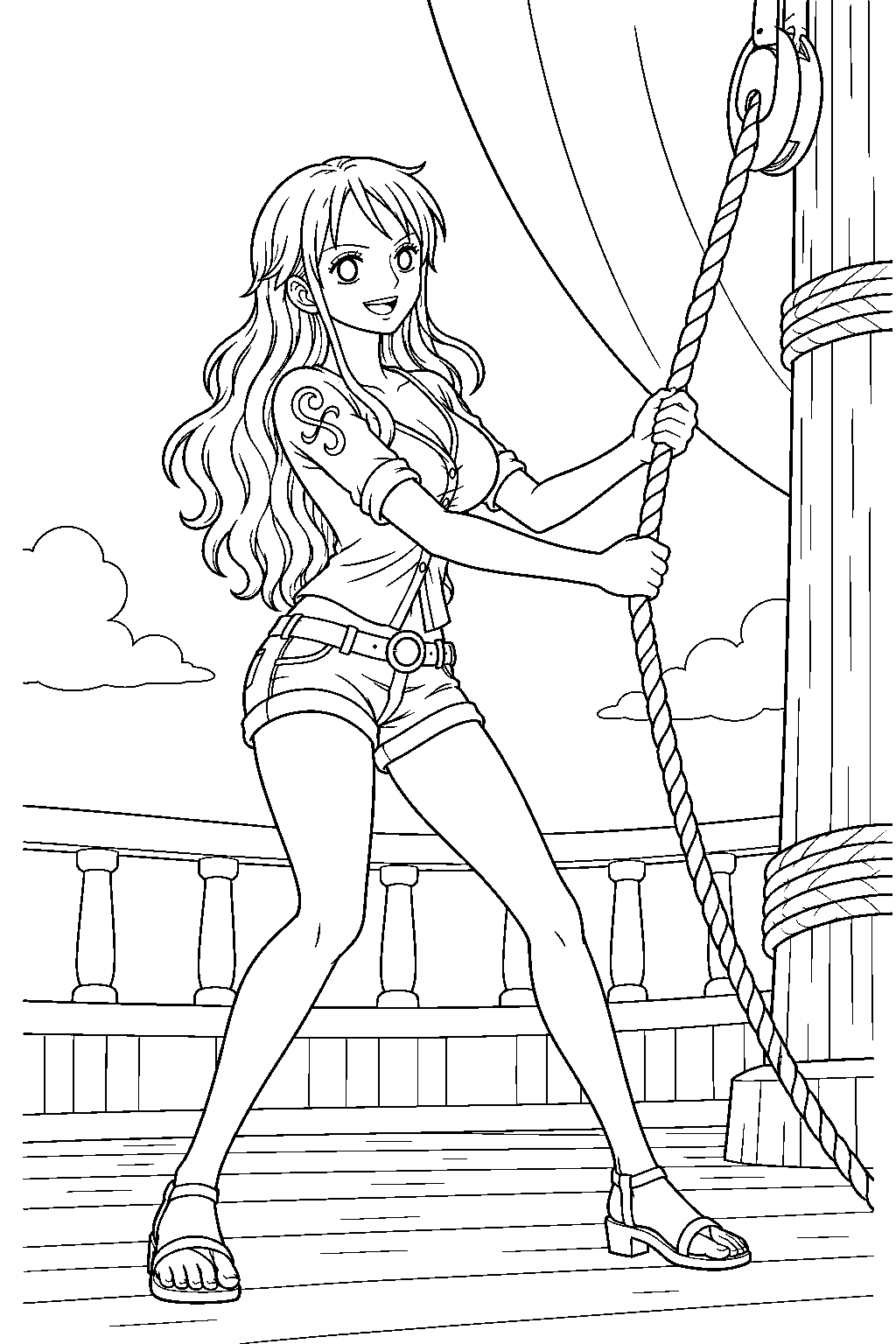 one piece nami pulling a sail rope beside the ship mast line art