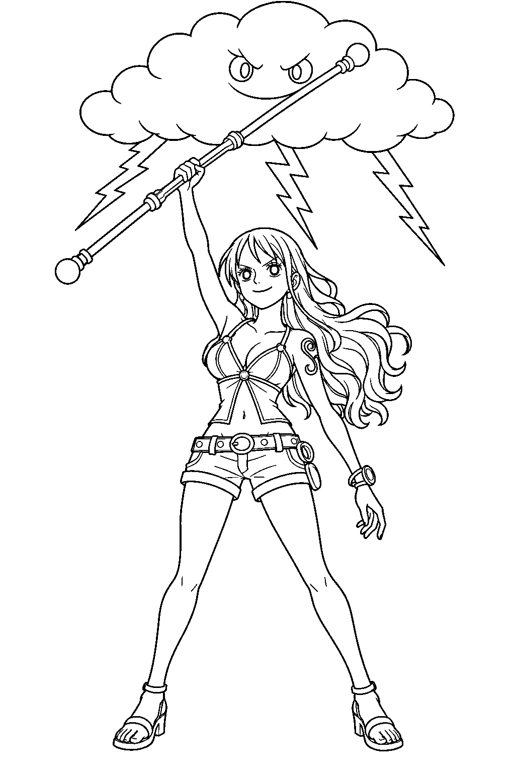 one piece nami raising her clima tact beneath a thundercloud line art