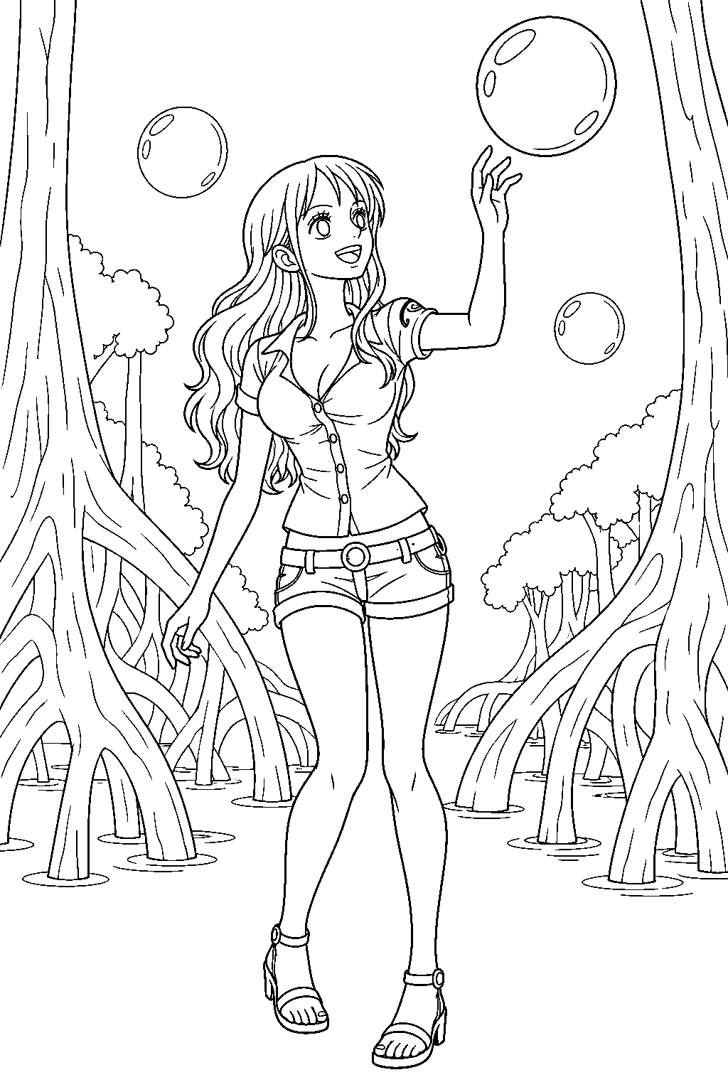one piece nami reaching for a bubble in the sabaody mangroves line art