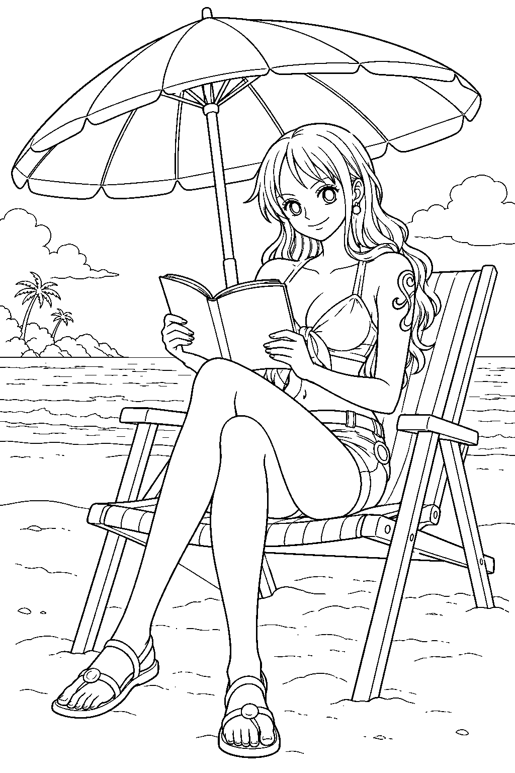 one piece nami reading a book under a beach parasol line art