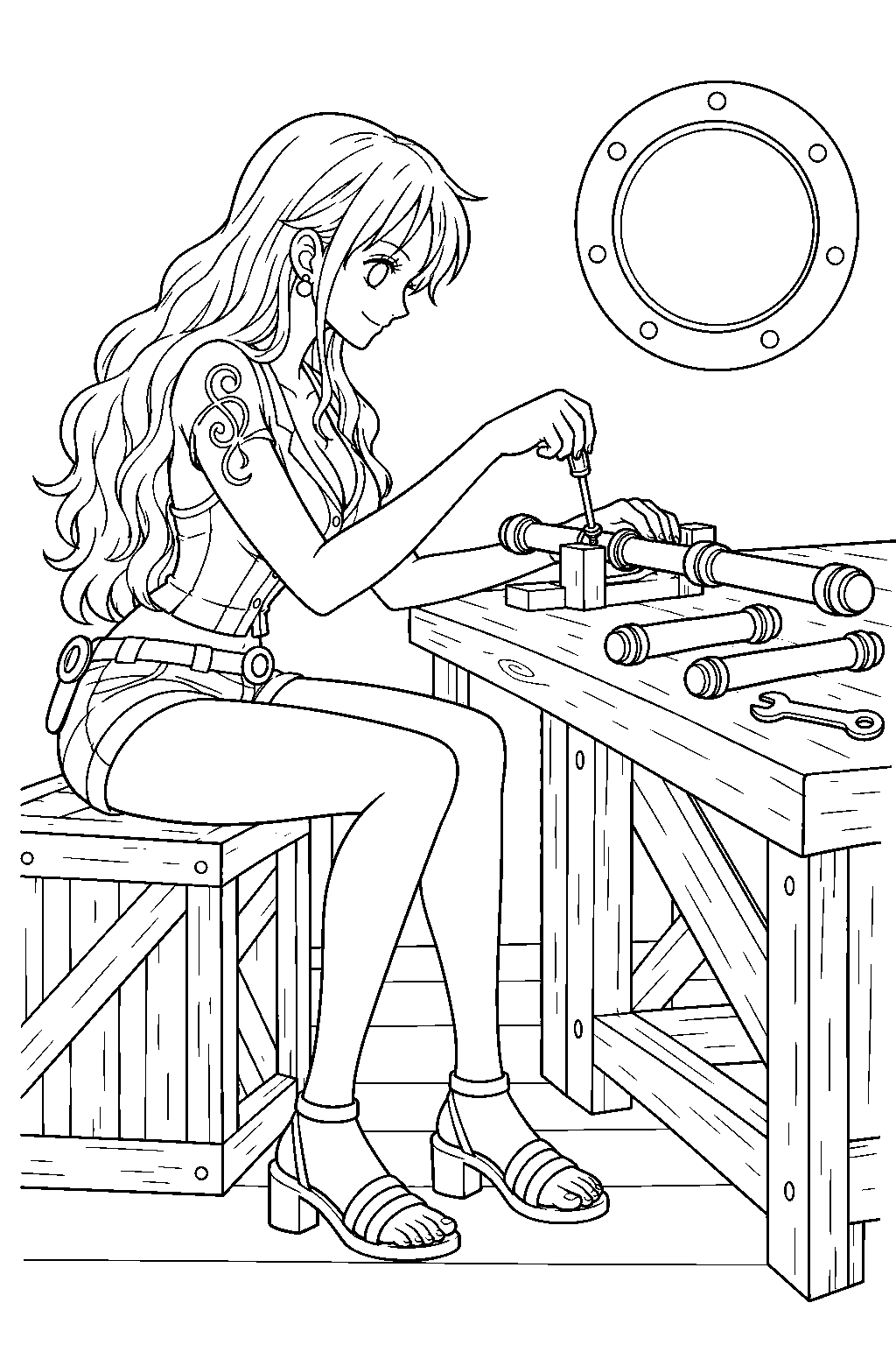 one piece nami repairing her clima tact at a workshop bench line art