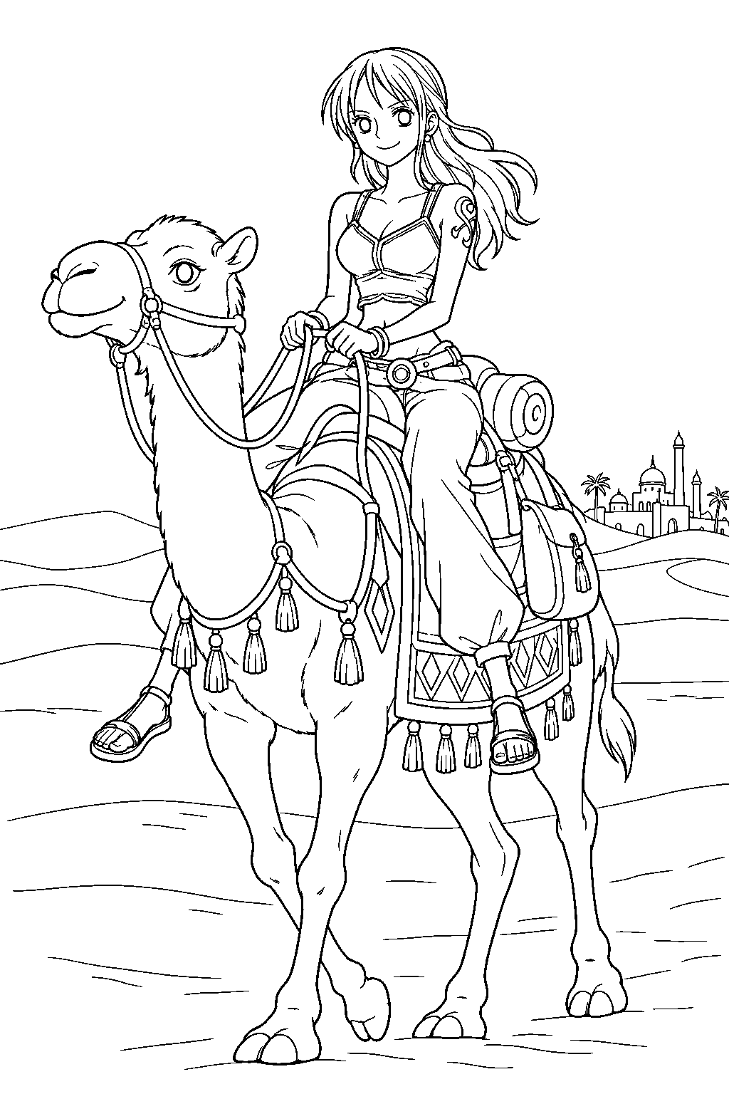 one piece nami riding a camel through the alabasta desert line art
