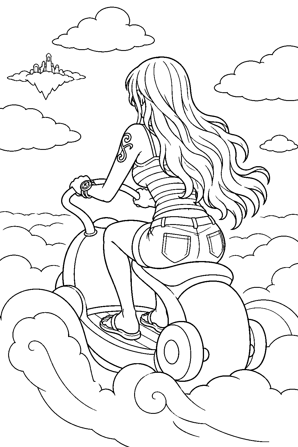 one piece nami riding a waver across the skypiea cloud sea line art